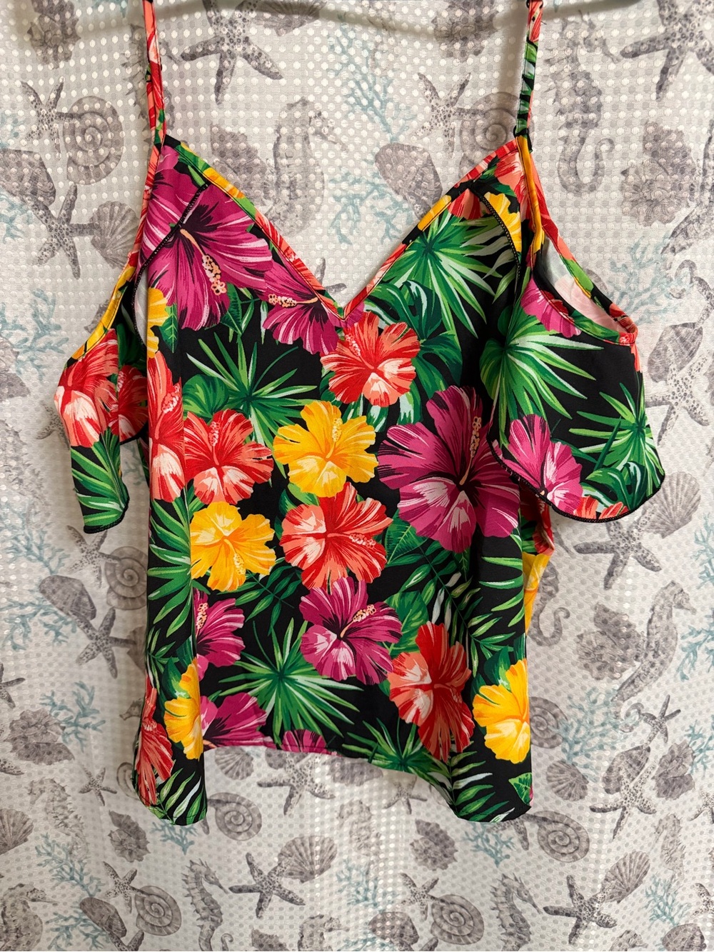Floral V-Neck Cold Shoulder Top - Black with Multicolor Hibiscus